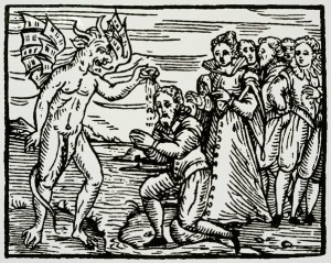 Woodcut of Witches at a Black Baptism from the Devil